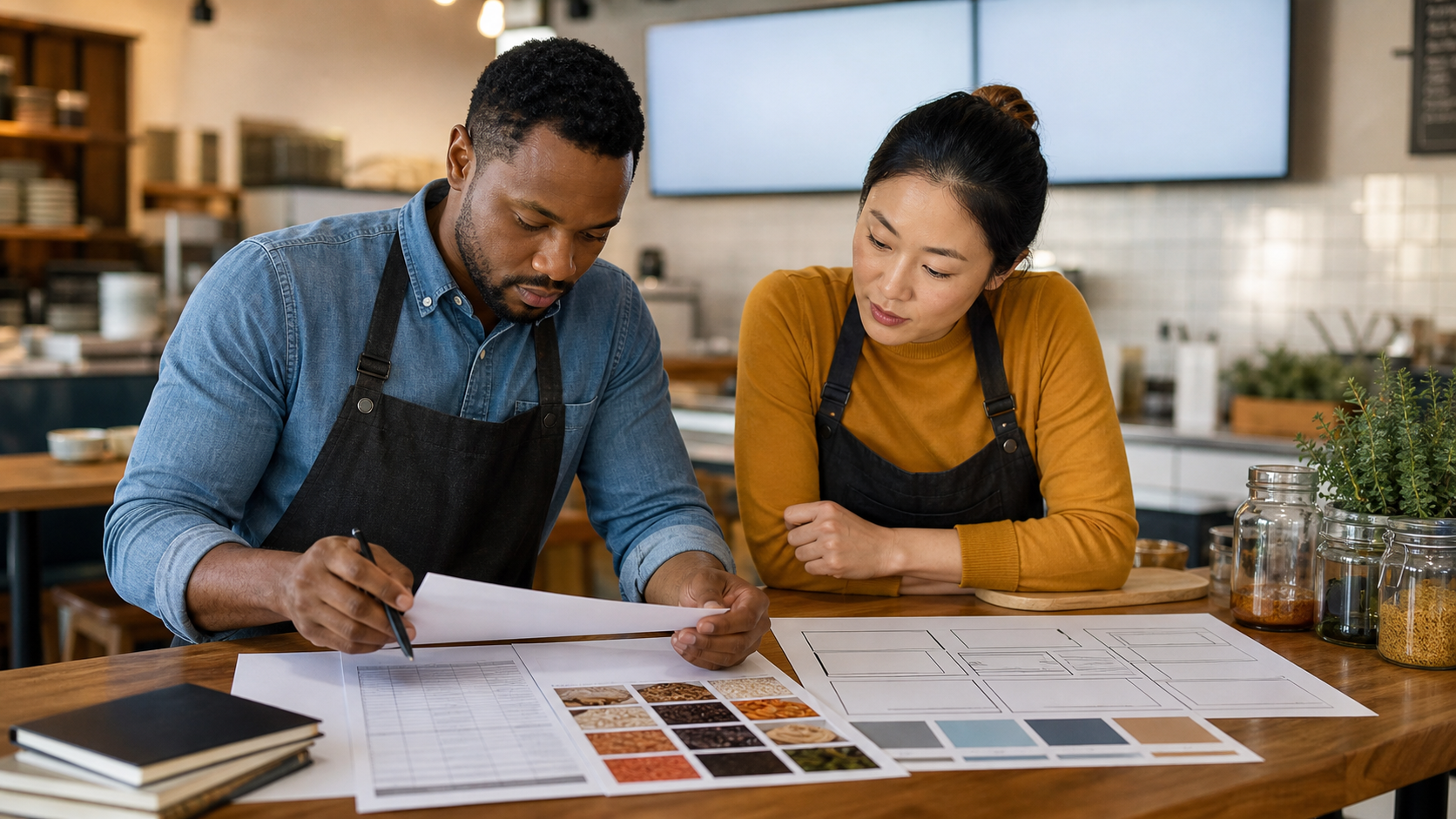 Restaurant operators comparing ingredient cost signals with a blank digital menu layout