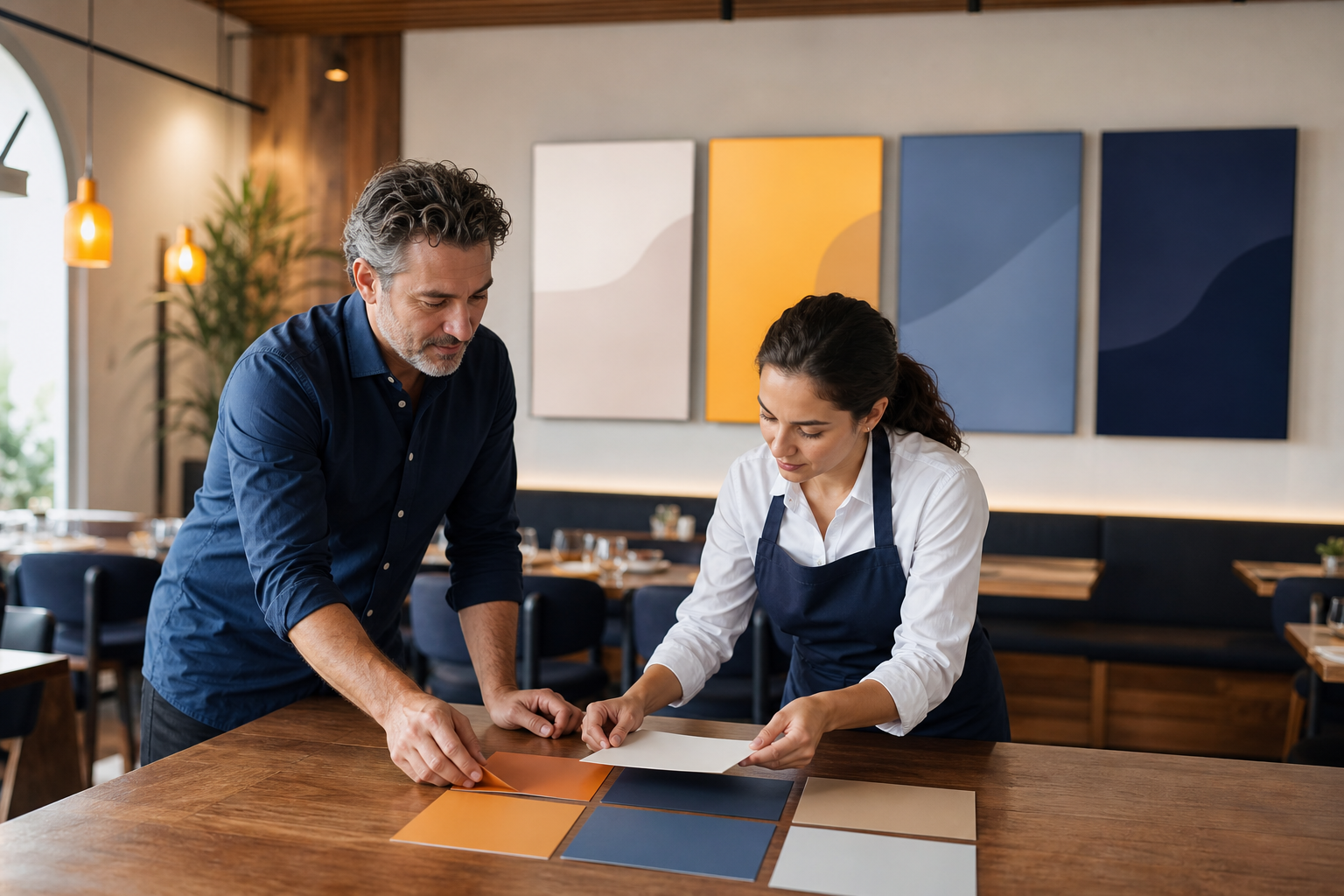 Restaurant team reviewing blank daypart cards beside generic menu displays