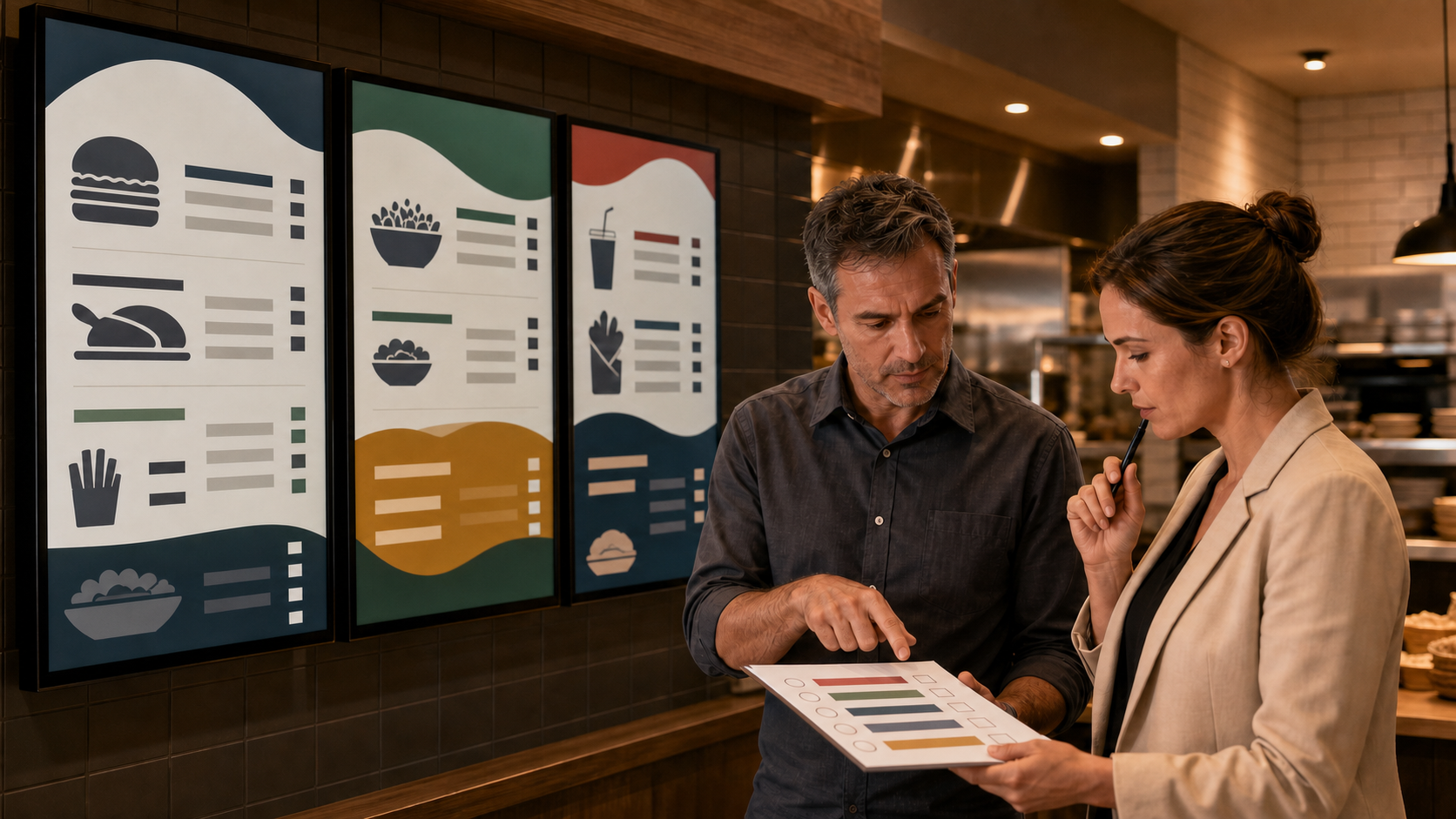 Restaurant team reviewing abstract unbranded menu boards and a visual change checklist
