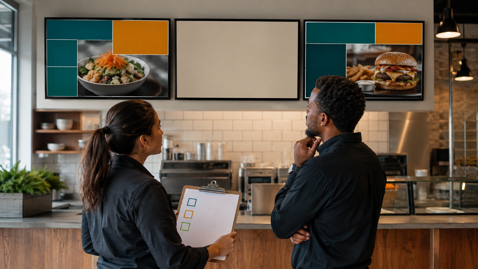 Restaurant team reviewing one neutral fallback display in a three-screen menu board