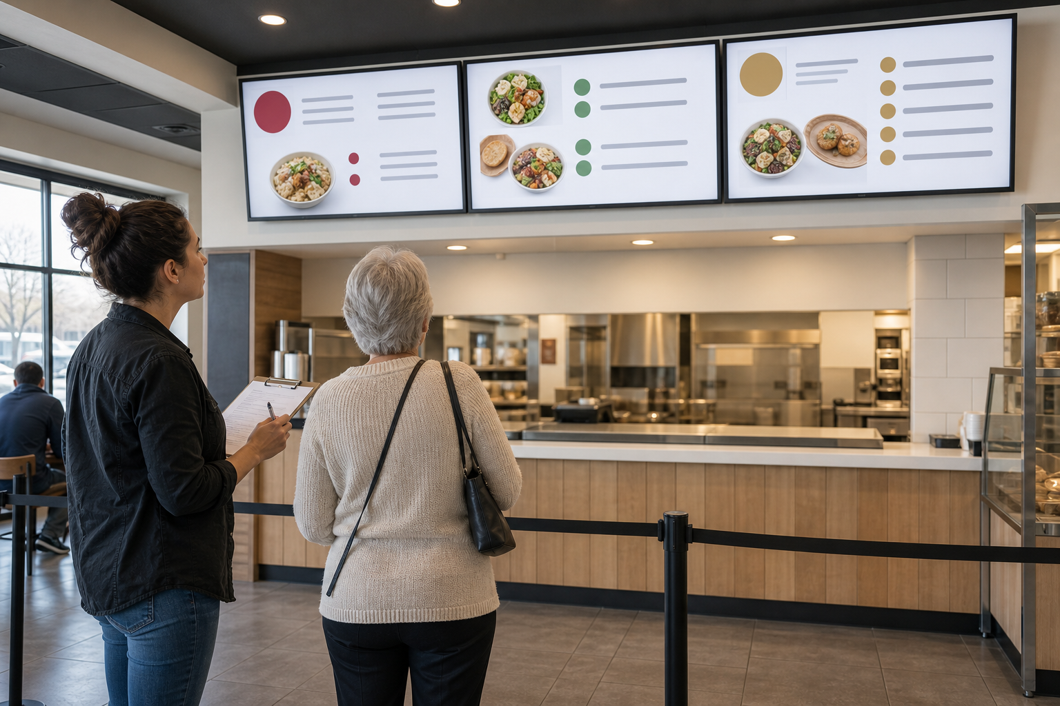 Operator and older guest reviewing brand-neutral menu boards from the queue